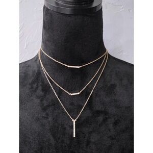 Sugarfix Baublebar 3 Layered Necklace Gold Tone Rhinestone Dainty Triple Strand